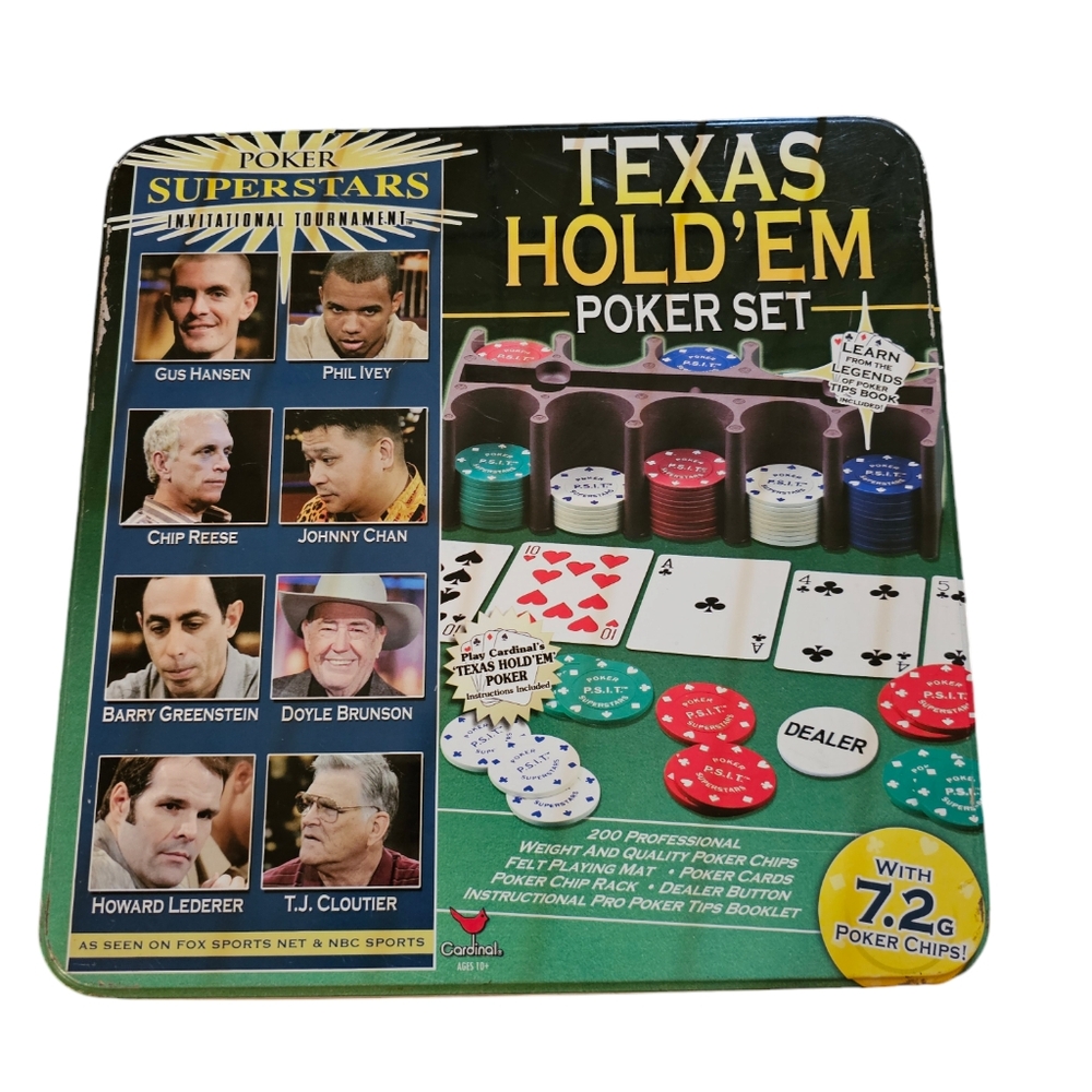 Texas Hold 'Em Poker Set 10 Stacks of Chips, 1 Dealer Chip, Cards Used, Tip Book